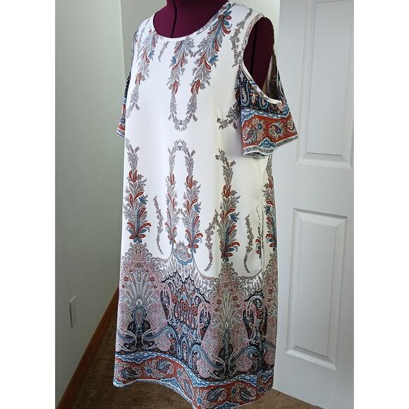 Paisley Cream Cold Shoulder Dress 2XL lightweight midi shift unbranded polyester - Picture 1 of 14